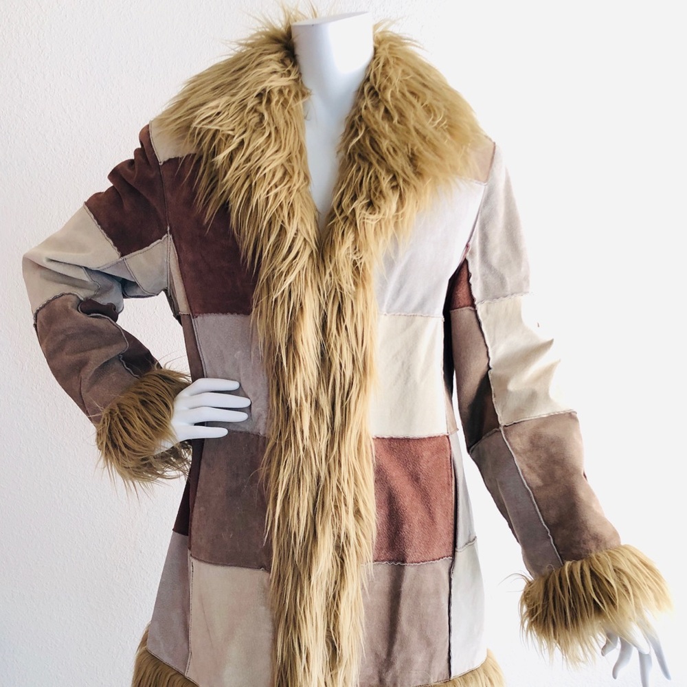 90's Suede Patchwork Faux Fur Trim Boho Penny Lane